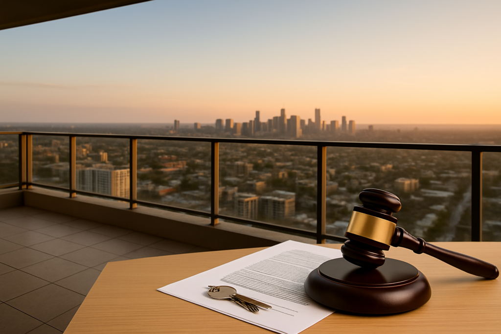 Sacada de apartamento com vista panorâmica da cidade ao pôr do sol, destacando sobre a mesa um martelo de leilão, contrato e chaves, simbolizando segurança jurídica na venda online de imóvel Caixa.