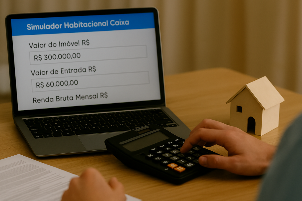 Pessoa realizando simulação de financiamento imobiliário no notebook, com valores inseridos no Simulador Habitacional da Caixa, ao lado de uma calculadora e miniatura de casa sobre a mesa.