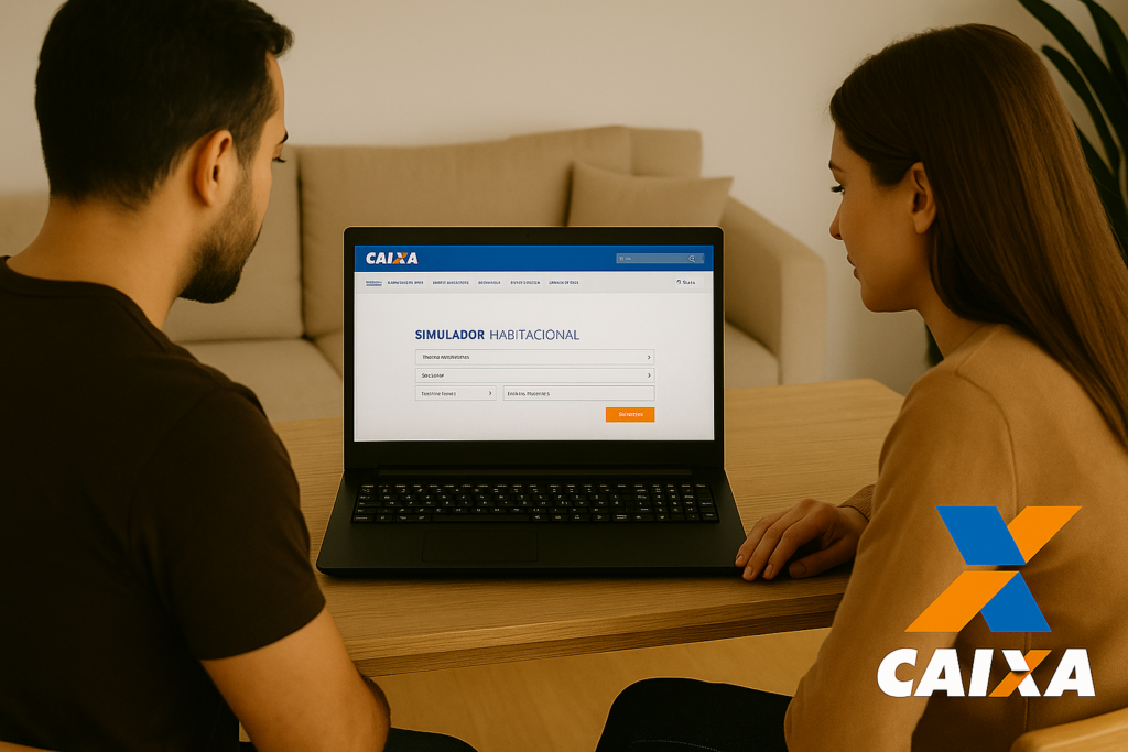 Casal sentado à mesa de casa utilizando notebook com o site oficial da Caixa aberto na tela, acessando o simulador habitacional para financiamento imobiliário.