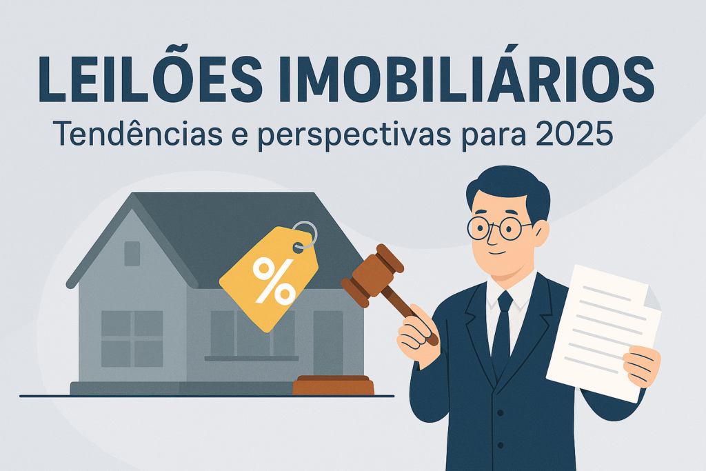 ilustração em estilo flat com fundo neutro azul acinzentado, leiloeiro moderno ao lado de casa com etiqueta de desconto, destacando as tendências dos leilões imobiliários para 2025.