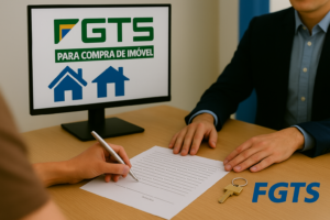 Pessoa assinando contrato de financiamento imobiliário em uma agência da Caixa, com chave de imóvel sobre a mesa e tela ao fundo exibindo o logo do FGTS.