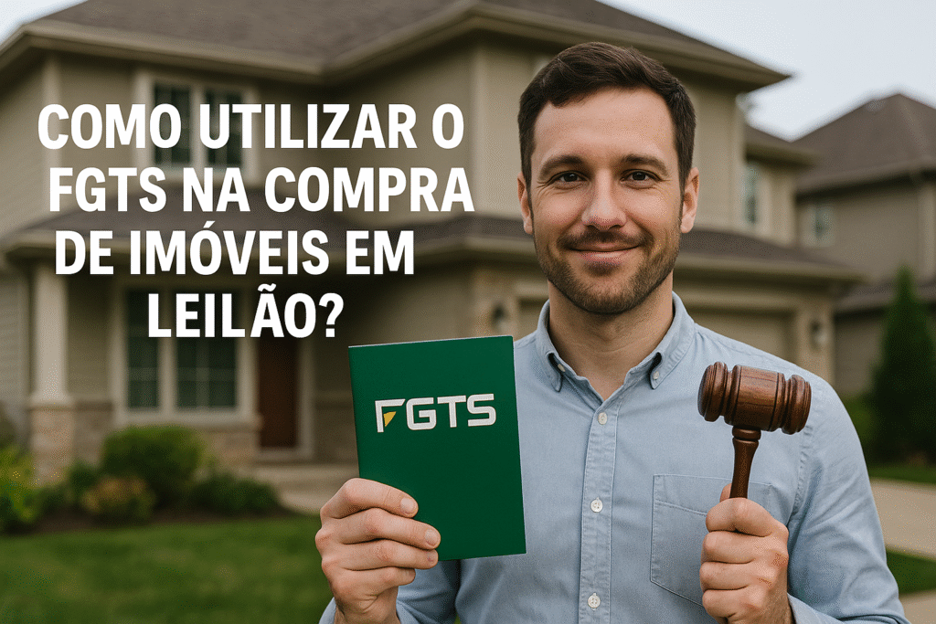 homem sorridente segurando um livrinho do FGTS e um martelo de leilão em frente a uma casa, representando o uso do FGTS na compra de imóveis em leilão da Caixa.
