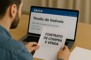 Tela de computador aberta no site oficial da Caixa, com destaque para a área de venda online de imóveis, ilustrando a praticidade do processo.