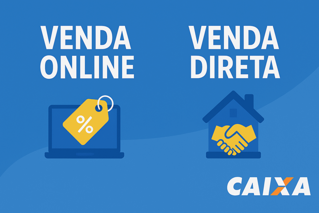 infográfico em estilo flat com fundo azul comparando venda online e venda direta online da Caixa, destacando características como desconto no valor, duração da disputa e intermediação gratuita da Shelter.