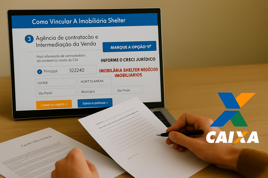 Tela do sistema de proposta da Caixa, destacando como preencher corretamente o campo de intermediação para vincular a Imobiliária Shelter como assessoria especializada.