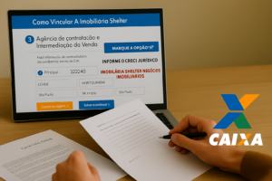 Tela do sistema de proposta da Caixa, destacando como preencher corretamente o campo de intermediação para vincular a Imobiliária Shelter como assessoria especializada.