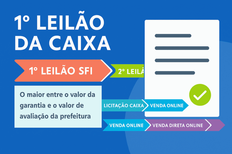 Infográfico em estilo flat mostra a linha do tempo das modalidades de venda de imóveis da Caixa, com setas coloridas indicando as etapas: 1º Leilão SFI, 2º Leilão SFI, Licitação Caixa, Venda Online e Venda Direta Online.