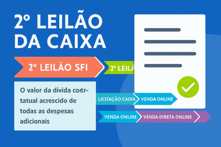 Infográfico em estilo flat mostrando a etapa "2º Leilão da Caixa" dentro da linha do tempo das modalidades de venda de imóveis da CAIXA. Destaque para o lance mínimo exigido: valor da dívida contratual somado às despesas de consolidação. Setas coloridas indicam a sequência das modalidades: 1º Leilão SFI, 2º Leilão SFI, Licitação Caixa, Venda Online e Venda Direta Online.