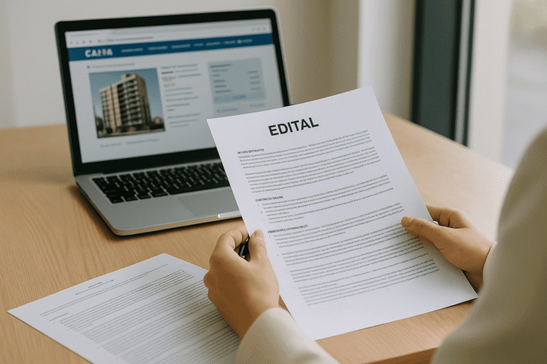 Foto realista de uma pessoa estudando documentos sobre imóvel da Caixa com notebook aberto, edital em mãos e ambiente de escritório iluminado, sem texto.