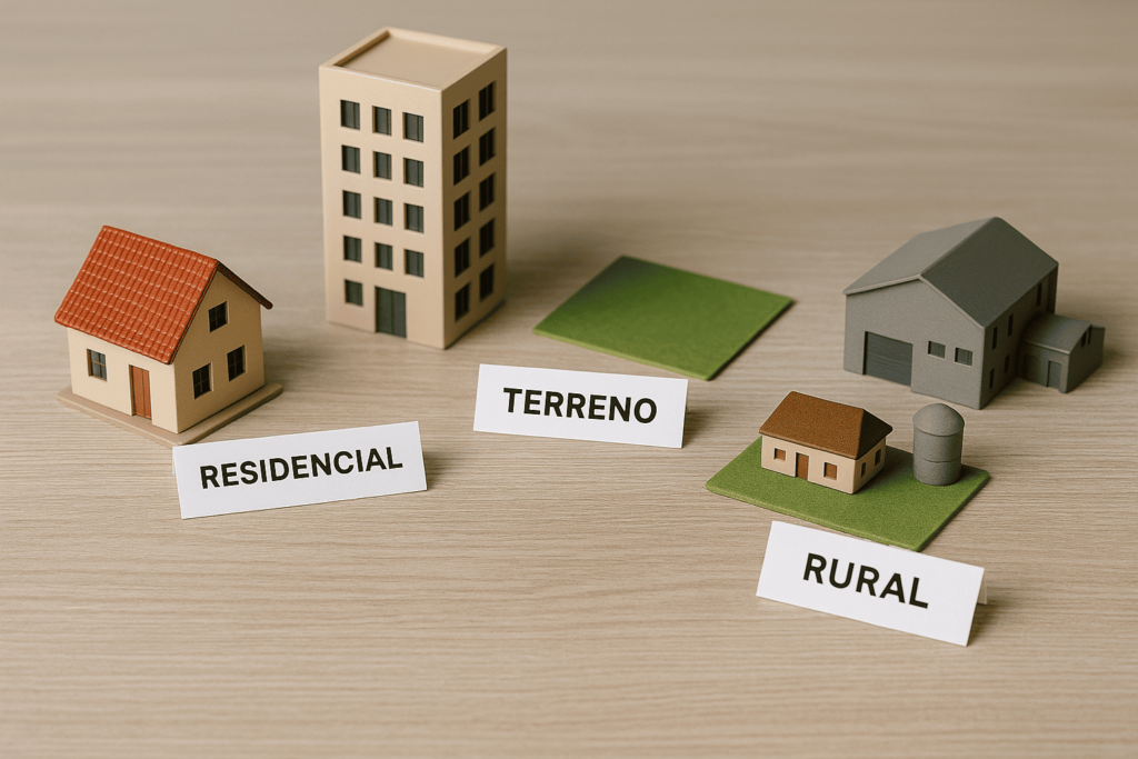 miniaturas representando imóveis residenciais, comerciais, terrenos e rurais, organizadas sobre mesa clara com etiquetas de identificação.