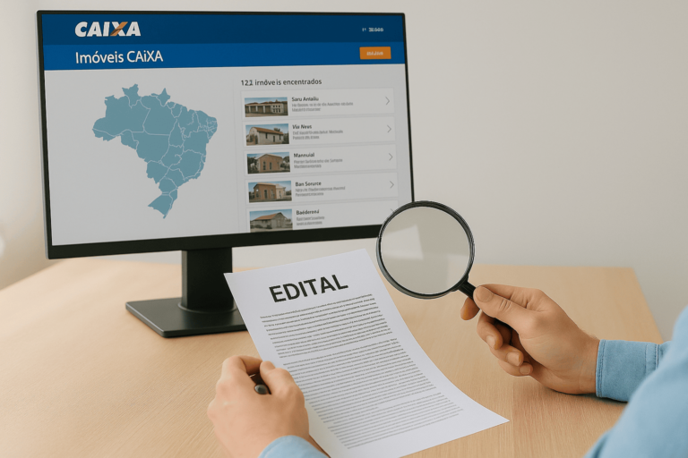 pessoa analisando edital de leilão da CAIXA com lupa, diante de tela de computador exibindo lista de imóveis em site oficial.