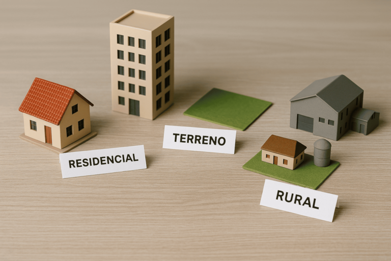 miniaturas representando imóveis residenciais, comerciais, terrenos e rurais, organizadas sobre mesa clara com etiquetas de identificação.