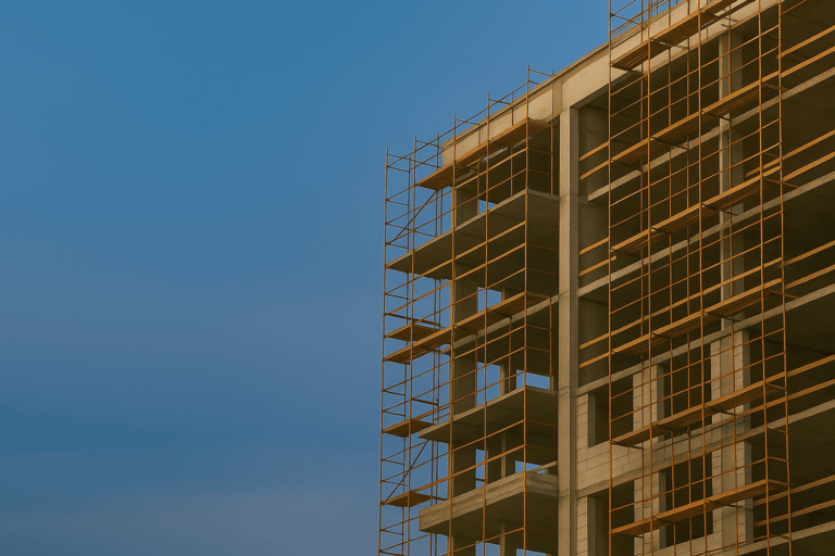 construção de prédio em fase inicial com andaimes e céu limpo ao fundo.