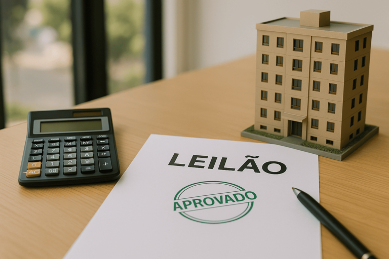 documento com a palavra “Leilão” e carimbo “Aprovado” sobre mesa, ao lado de calculadora e miniatura de prédio residencial, em ambiente iluminado.
