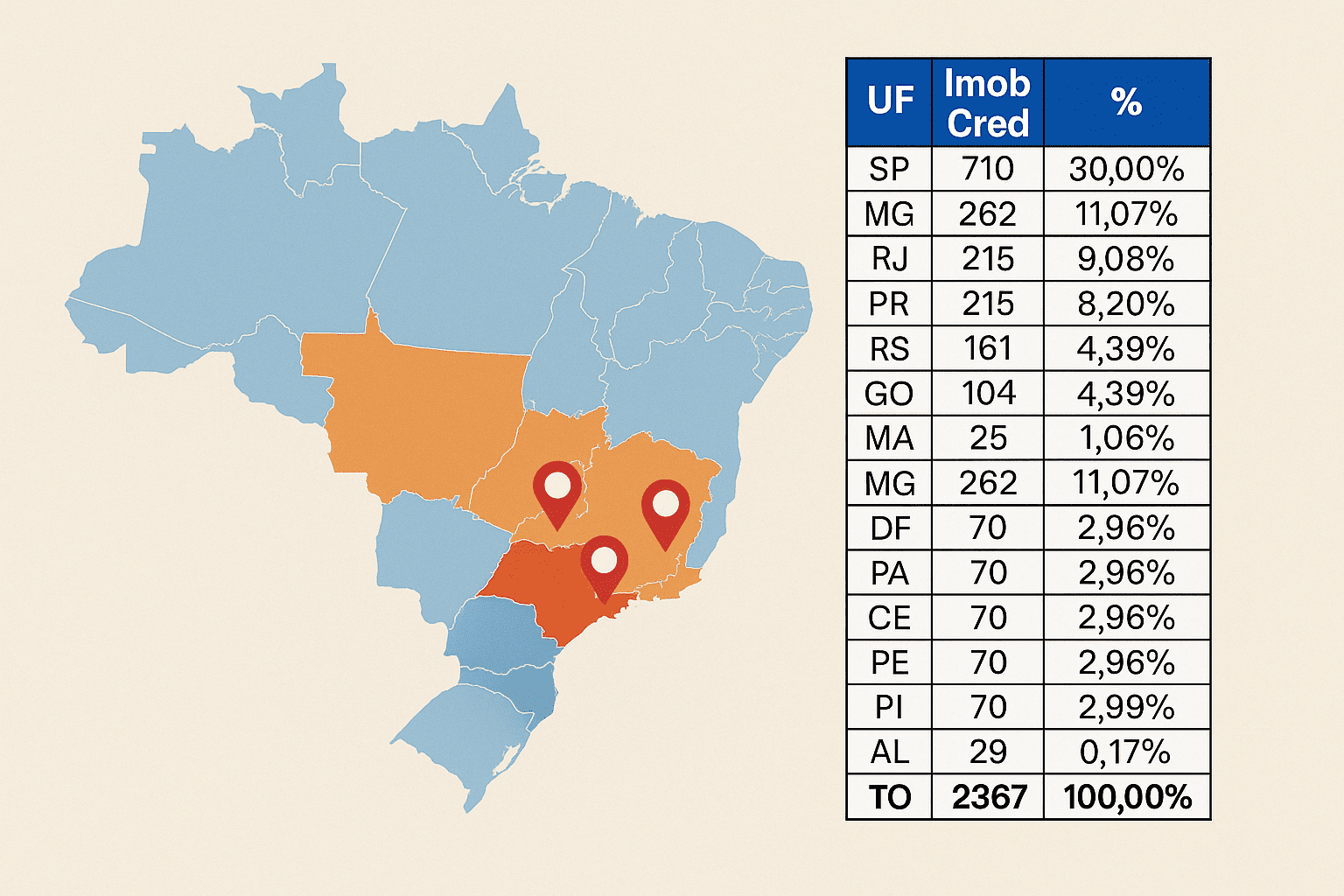 mapa do Brasil com destaque em vermelho para o estado de São Paulo e tabela ao lado exibindo os estados com maior número de imóveis da CAIXA em junho/2025.