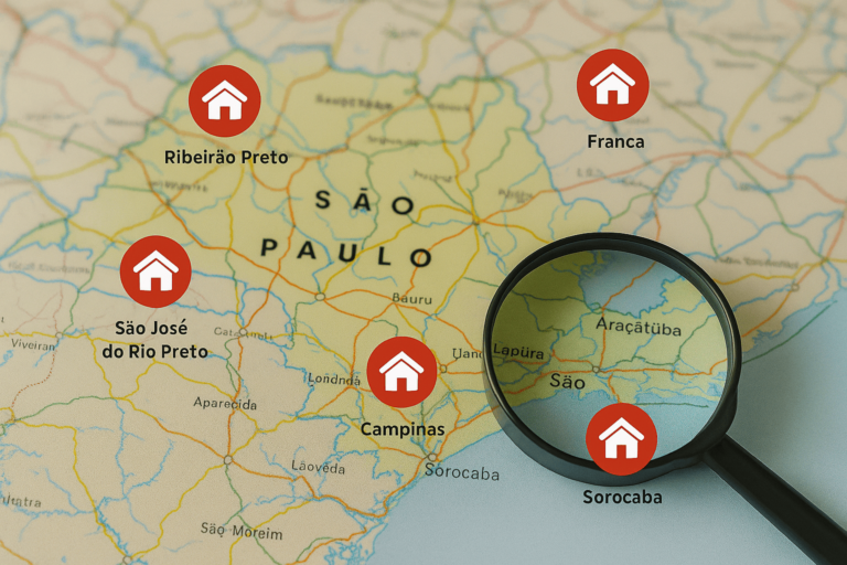 Mapa físico do estado de São Paulo sobre uma mesa de madeira, com marcações coloridas indicando cidades com alto número de imóveis em leilão da Caixa, como Campinas, Ribeirão Preto e São José do Rio Preto.