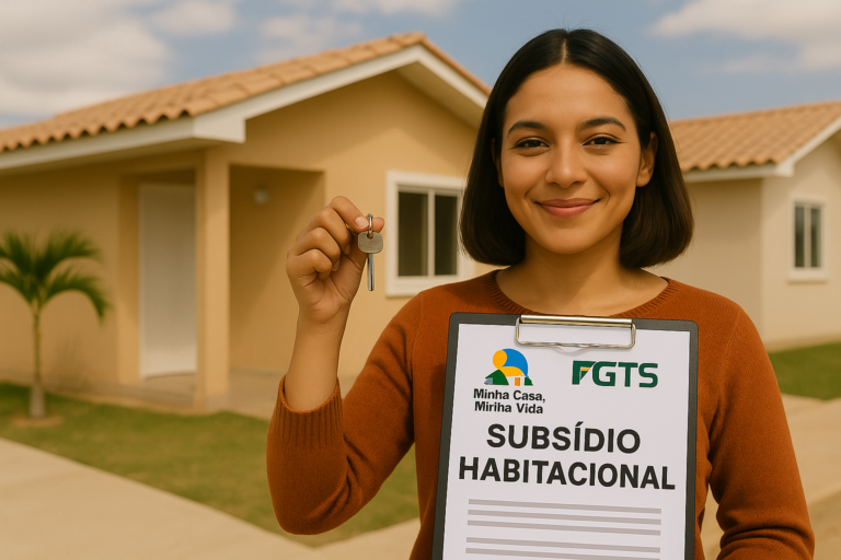 Mulher sorridente segura uma chave com uma mão e uma prancheta com o título "Subsídio Habitacional", acompanhada dos logos do FGTS e do programa Minha Casa, Minha Vida, em frente a uma casa popular com telhado cerâmico, em um cenário ensolarado.