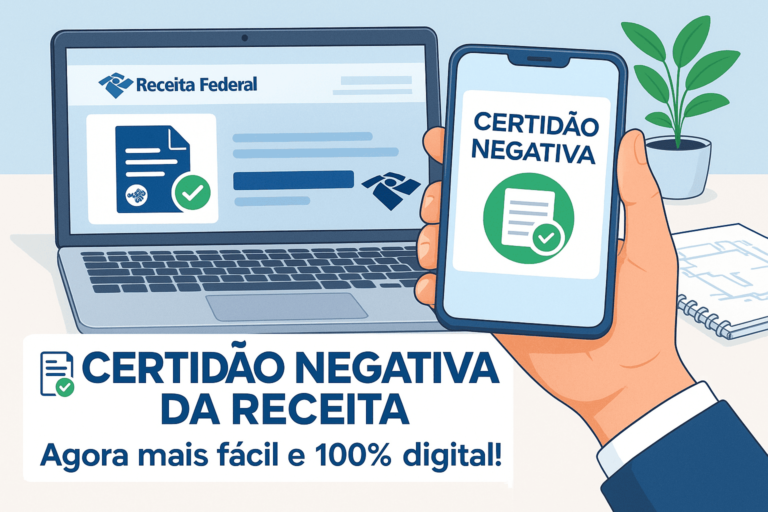 Ilustração digital de uma mesa de trabalho com notebook aberto no site da Receita Federal, exibindo a seção de certidões. Em destaque, uma mão segura um celular com a tela escrita “CERTIDÃO NEGATIVA” e um selo de validação digital. A imagem transmite modernidade, praticidade e oficialidade, com tons de azul, branco e verde. Ideal para representar a nova facilidade na emissão digital de certidões negativas da Receita.