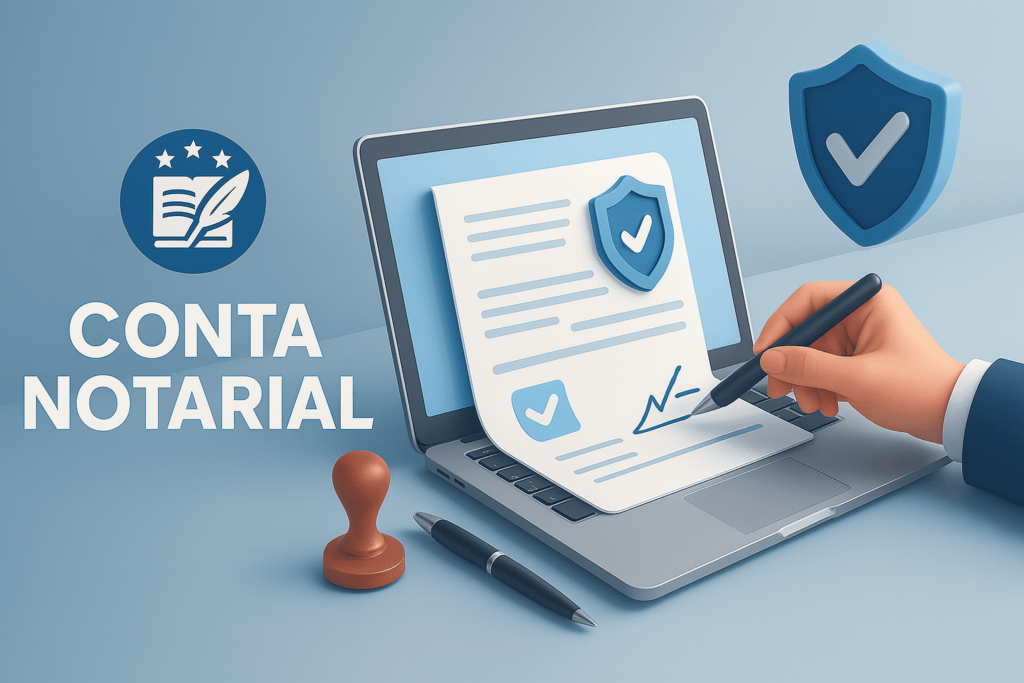 Ilustração 3D de uma cena notarial moderna, com mesa, documentos, carimbo e ícones digitais representando segurança jurídica e tecnologia. Ao centro, o texto "CONTA NOTARIAL" em destaque. Cores predominantes azul, cinza e dourado, transmitindo confiabilidade e sofisticação.