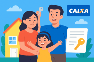 Família feliz com chave da casa própria em frente a uma casa amarela, representando o programa Minha Casa Minha Vida da CAIXA.