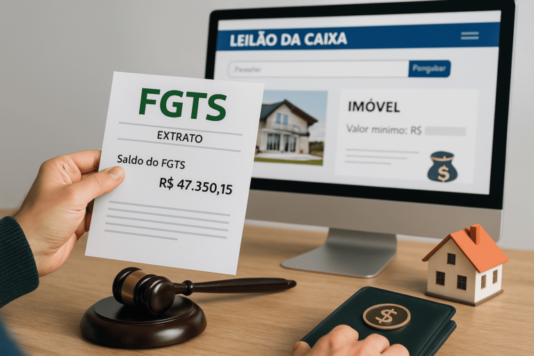Pessoa pesquisando sobre uso do FGTS para comprar imóveis em leilão da Caixa, com destaque visual para documentos, computador e ícones de imóveis.