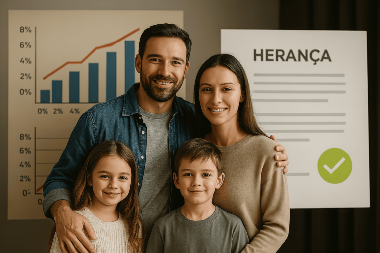 Família brasileira de quatro pessoas reunida em frente a um documento de herança, com gráficos de impostos ao fundo representando o ITCMD, em estilo ultrarrealista.
