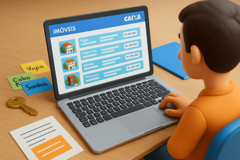 Pessoa navegando em um computador com a lista oficial de imóveis da Caixa aberta na tela, em ambiente 3D com elementos imobiliários e ícones digitais flutuando ao redor.