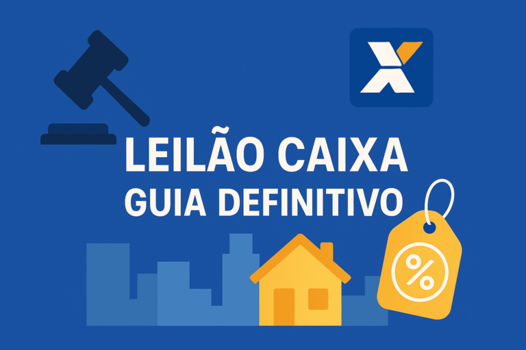 Ilustração em flat design com fundo azul, destacando o texto "Leilão Caixa: Guia Definitivo", um martelo de leiloeiro, uma casa amarela com etiqueta de desconto e o ícone da Caixa Econômica Federal.