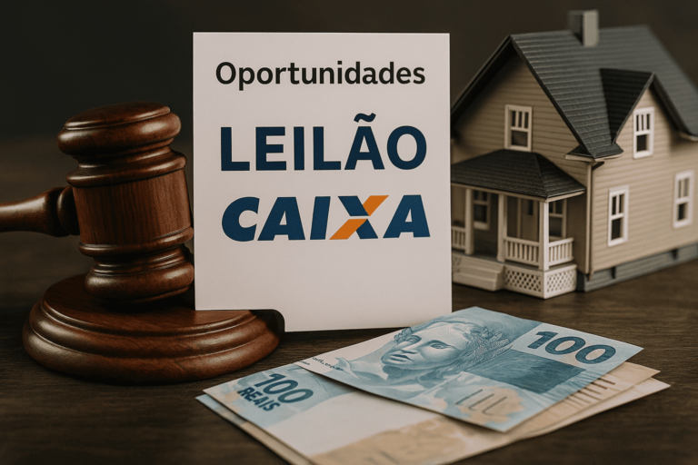 Fotografia realista retrata oportunidades em leilões de imóveis da Caixa, com destaque para uma casa à venda e placas de “Leilão” e “Oportunidade” em evidência. A imagem simboliza investimento imobiliário acessível e atrativo.