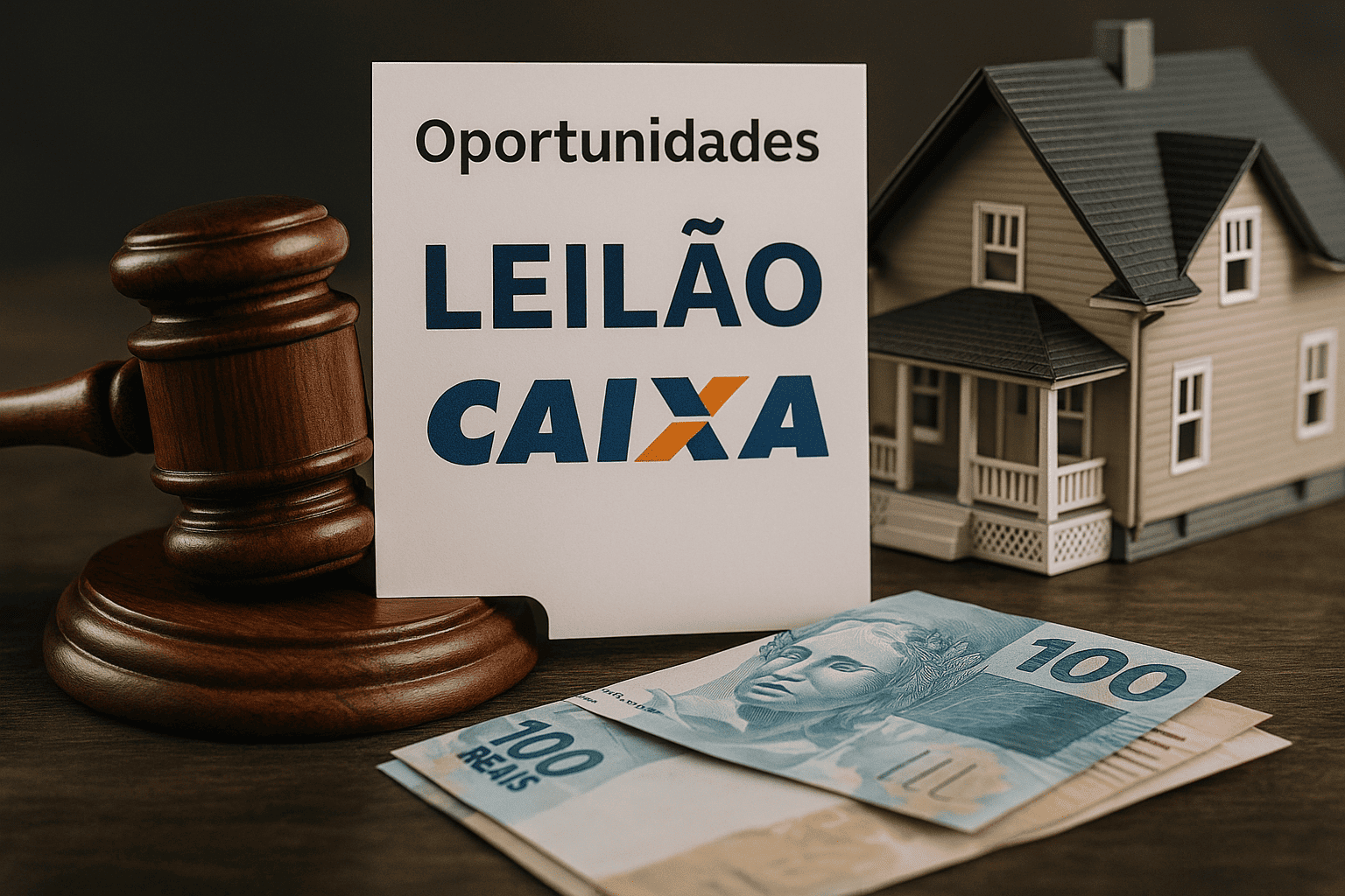 Fotografia realista retrata oportunidades em leilões de imóveis da Caixa, com destaque para uma casa à venda e placas de “Leilão” e “Oportunidade” em evidência. A imagem simboliza investimento imobiliário acessível e atrativo.