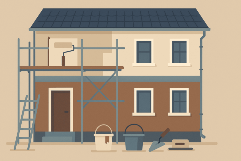 A imagem segue o estilo flat ultra realista solicitado, apresentando uma fachada de imóvel urbano em processo de reforma com os elementos visuais apropriados.