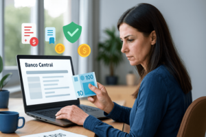 Mulher jovem em ambiente doméstico iluminado, sentada à mesa com notebook aberto na tela do Banco Central, analisando dados. Ícones flutuantes representam dívidas (cartão, boleto, cifrão negativo) e soluções (escudo, moeda, check verde), ilustrando controle financeiro via consulta ao Registrato.