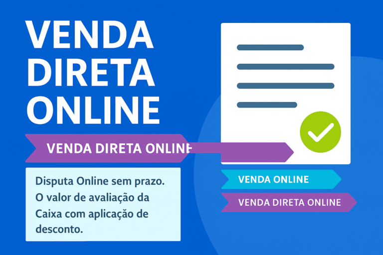Gráfico em estilo flat com o título "Venda Direta Online". A imagem mostra um documento com um selo de verificação verde, setas coloridas indicando a sequência de modalidades da CAIXA e uma descrição: "Disputa online sem prazo. Valor de avaliação da CAIXA com aplicação de desconto." O fundo é azul com elementos em roxo e azul-claro.