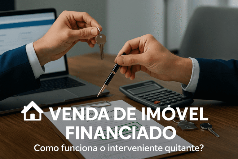 Duas mãos firmando a venda de um imóvel financiado: uma segura uma caneta sobre um contrato com o título "VENDA DE IMÓVEL FINANCIADO (INTERVENIENTE QUITANTE)" e a outra entrega uma chave. Ao fundo, ambiente corporativo com contrato, calculadora, chave e notebook, simbolizando segurança e formalização do processo.