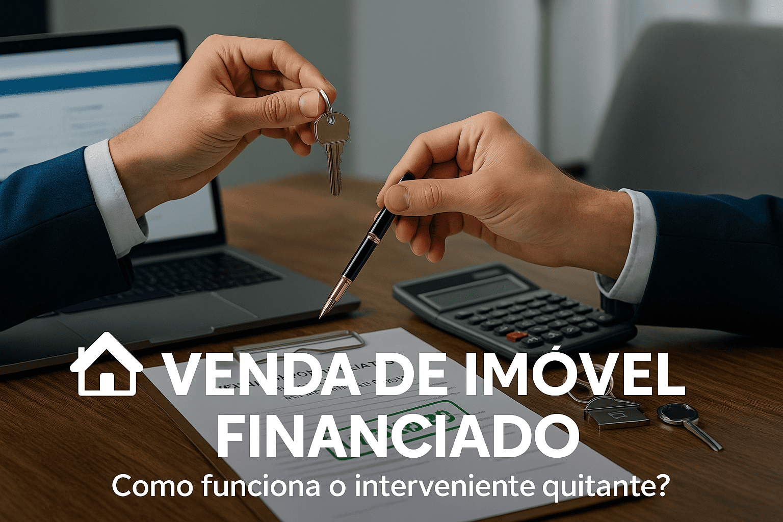 Duas mãos firmando a venda de um imóvel financiado: uma segura uma caneta sobre um contrato com o título "VENDA DE IMÓVEL FINANCIADO (INTERVENIENTE QUITANTE)" e a outra entrega uma chave. Ao fundo, ambiente corporativo com contrato, calculadora, chave e notebook, simbolizando segurança e formalização do processo.
