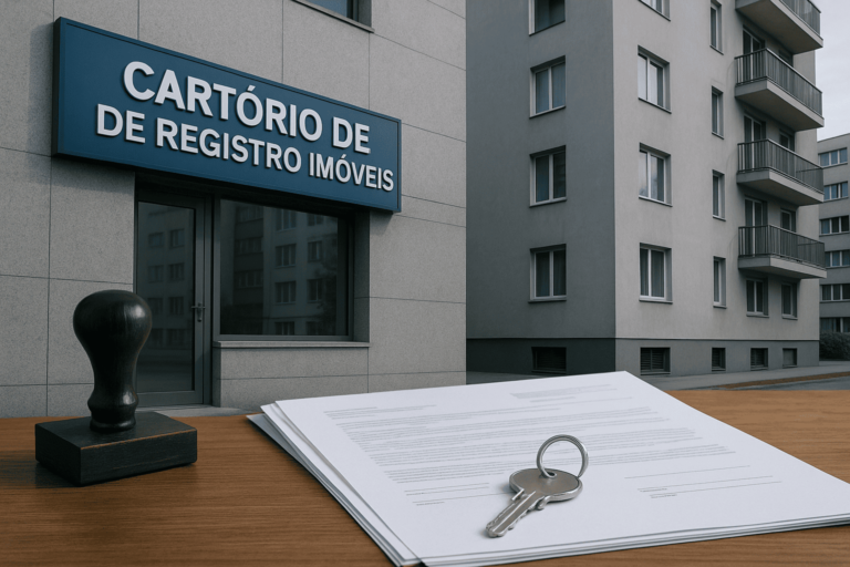 Foto realista de fachada de cartório de registro de imóveis ao lado de um prédio residencial urbano; documentos, carimbo e uma chave sobre mesa de madeira; clima neutro, tons azuis e cinza; composição clean, foco em segurança jurídica; iluminação natural suave;