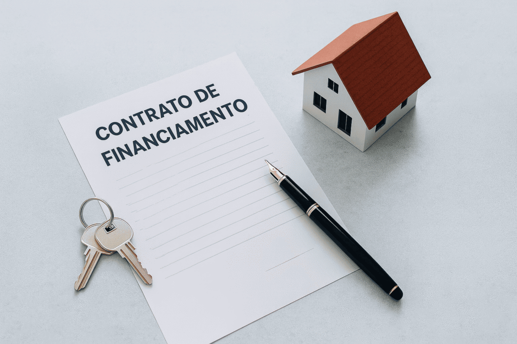 Vista superior de uma mesa com contrato, caneta-tinteiro, chaves e miniatura de casa; estilo clean, luz natural, paleta azul e branco, sensação de segurança e profissionalismo.