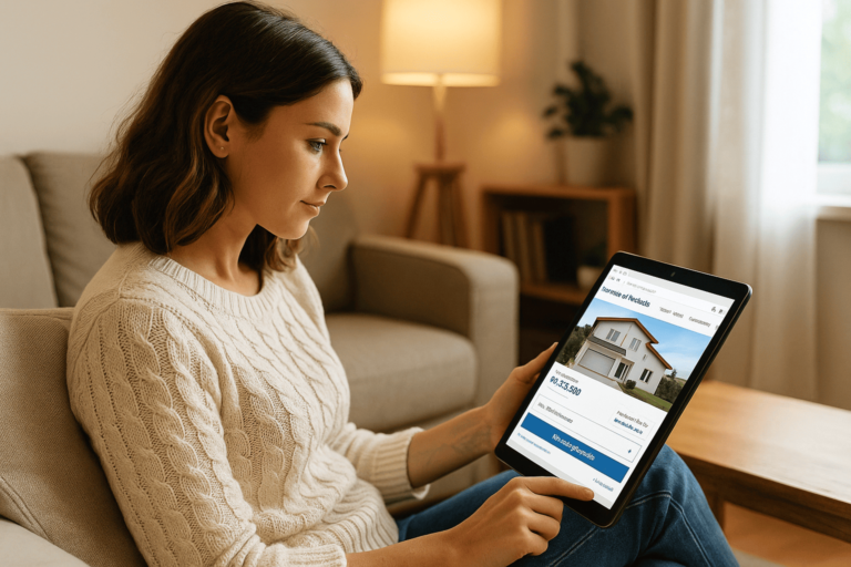 Mulher jovem com cabelo castanho e ondulado, sentada em um sofá bege em uma sala aconchegante e iluminada, analisando um imóvel no tablet com o site Hub Invest Imóveis aberto, mostrando uma casa moderna.