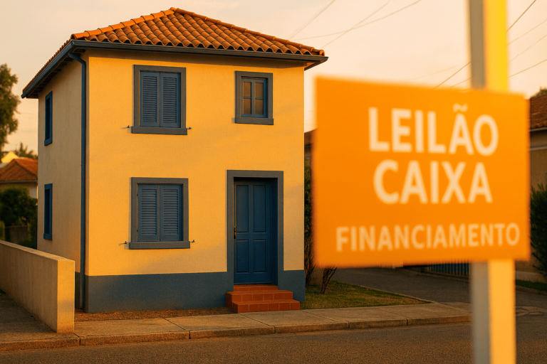 Foto de fachada de imóvel urbano brasileiro reformado ao pôr do sol, com placa “vendido” desfocada ao fundo; estilo editorial clean, iluminação quente, cores da CAIXA (azul/laranja) presentes em detalhes da cena