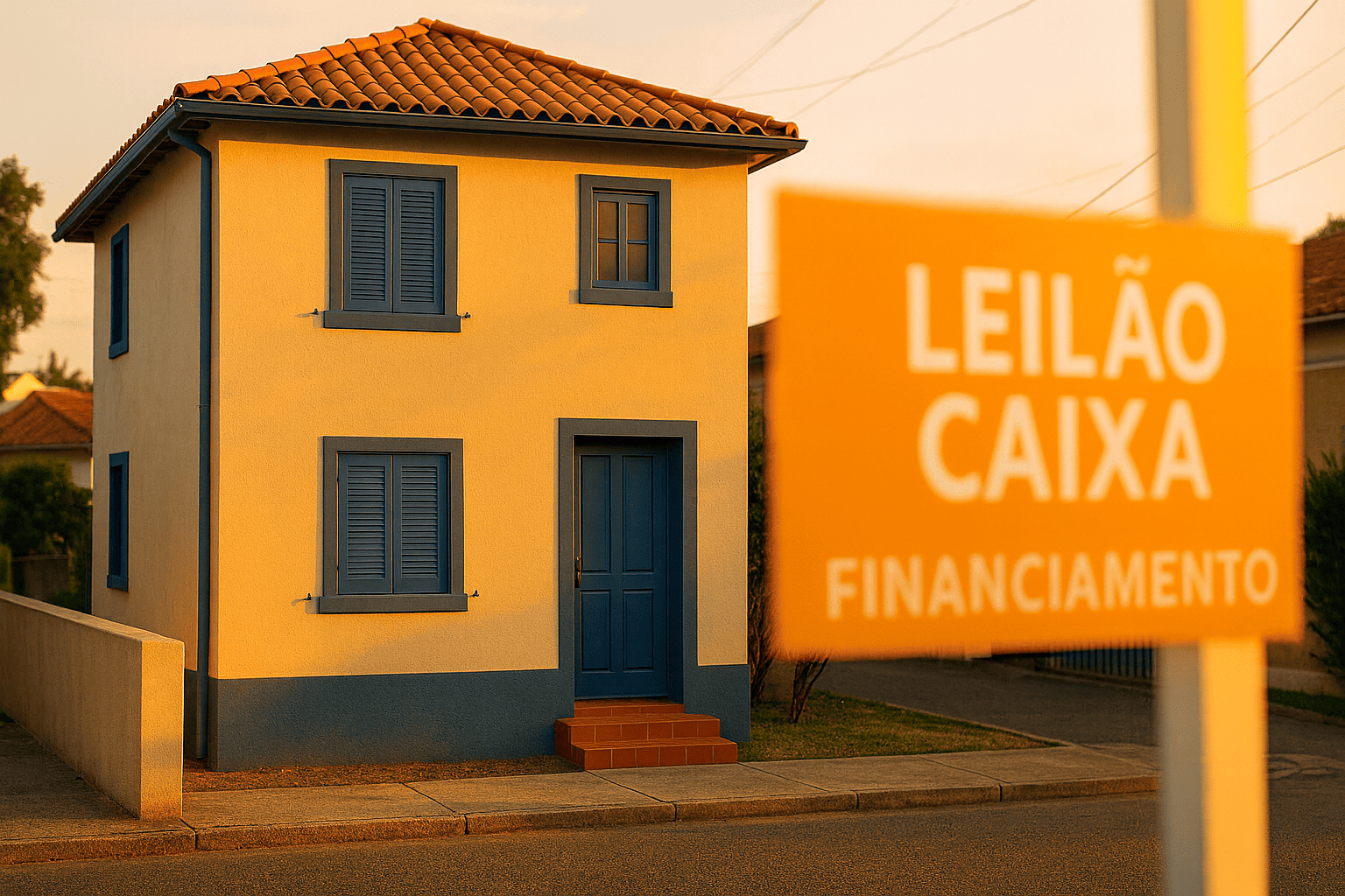 Foto de fachada de imóvel urbano brasileiro reformado ao pôr do sol, com placa “vendido” desfocada ao fundo; estilo editorial clean, iluminação quente, cores da CAIXA (azul/laranja) presentes em detalhes da cena