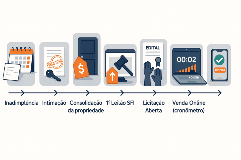 Linha do tempo (8 etapas) da venda de imóveis CAIXA: inadimplência, intimação, consolidação, 1º/2º leilões SFI, licitação, venda online e compra direta.