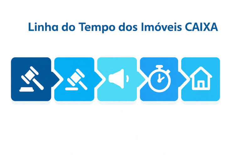 Linha do Tempo dos Imóveis CAIXA: prazos 30, 45, 90, 100 e 123 dias — 1º Leilão, 2º Leilão, Licitação, Venda Online e Compra Direta.