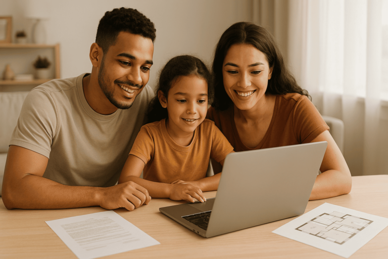 Família brasileira jovem analisando simulação de financiamento no notebook, ambiente claro de sala, contrato e planta do imóvel sobre a mesa, estilo foto editorial realista, cores suaves e sensação de conquista da casa própria.
