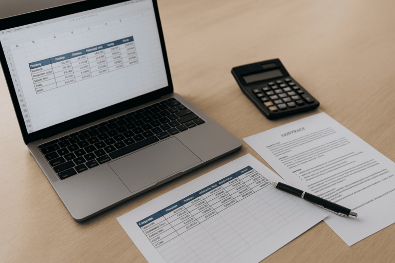 Foto de mesa de investidor com notebook aberto exibindo planilha financeira de imóveis, calculadora, caneta e contrato; tons neutros e profissionais; luz natural lateral; foco nítido; estilo editorial clean.