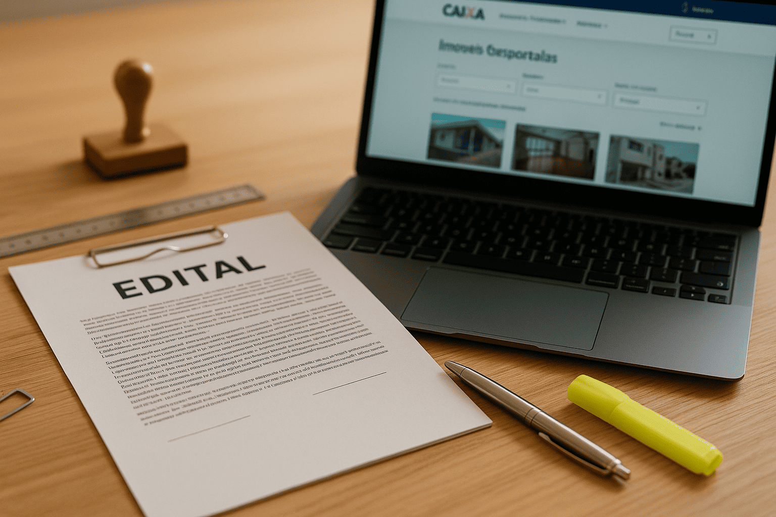 Mesa de trabalho com edital impresso de imóvel, caneta e marca-texto; tela de notebook aberta no Portal Imóveis CAIXA; iluminação suave, estilo editorial, foco em detalhes jurídicos e imobiliários.
