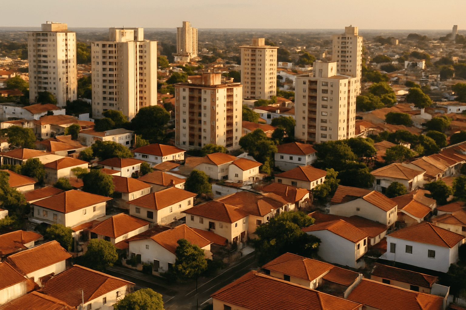 Foto aérea nítida de área urbana brasileira com prédios residenciais e casas, luz suave de fim de tarde, cores naturais, composição equilibrada, estilo editorial clean
