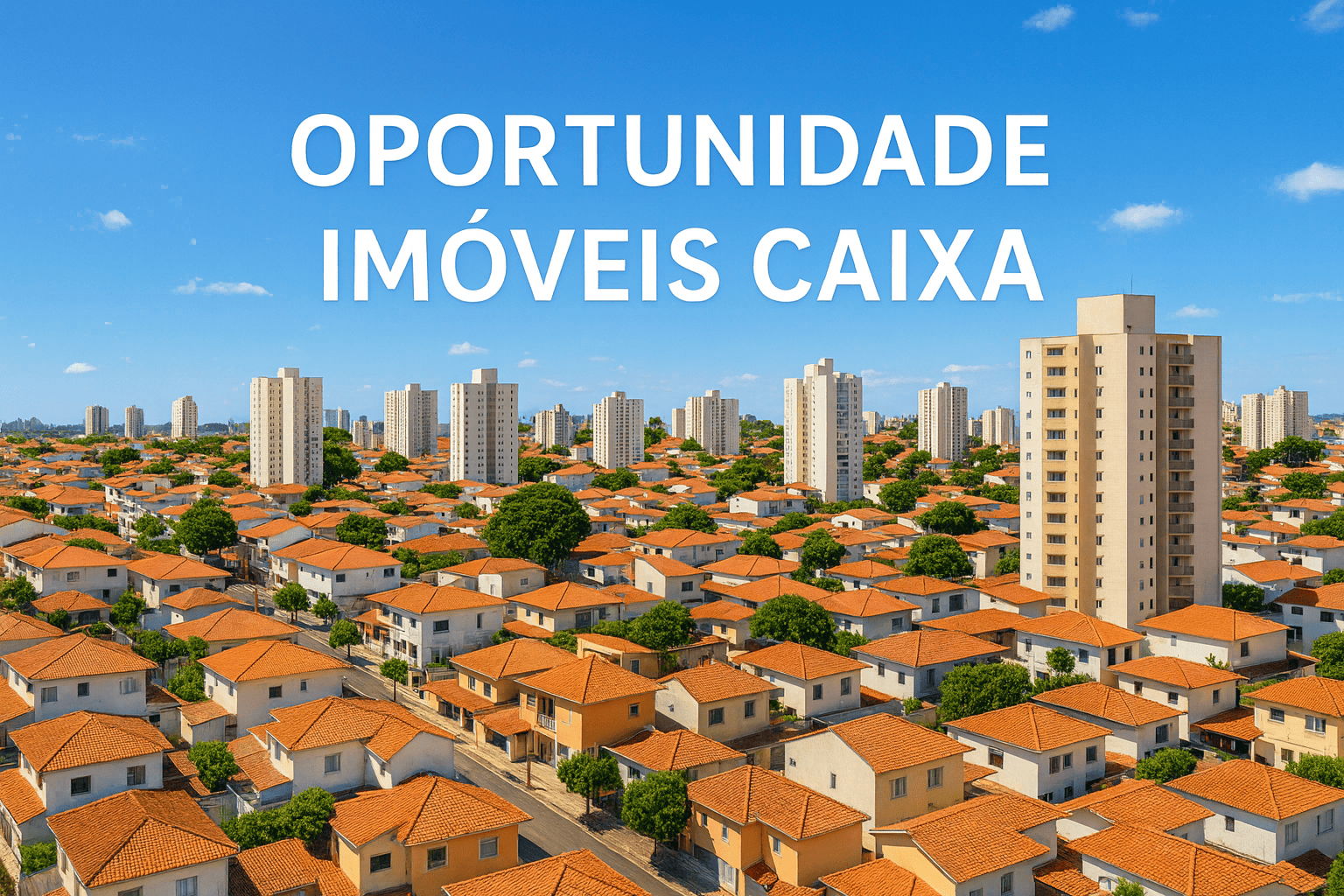 Foto aérea nítida de bairro urbano brasileiro ao pôr do sol, com prédios residenciais e casas, tons quentes, sensação de oportunidade imobiliária, estilo editorial clean.