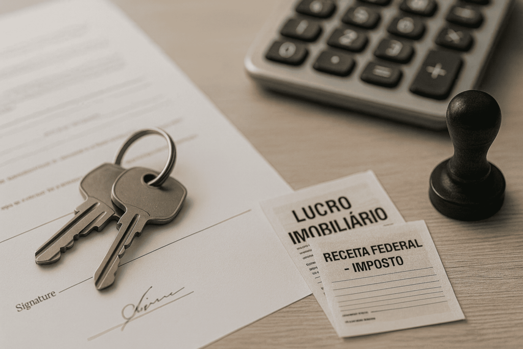 Foto realista de chaves de imóvel sobre contrato e calculadora, recibos de ITBI e carimbo de cartório ao lado, tons neutros e iluminação suave de escritório, composição equilibrada com espaço negativo à direita.