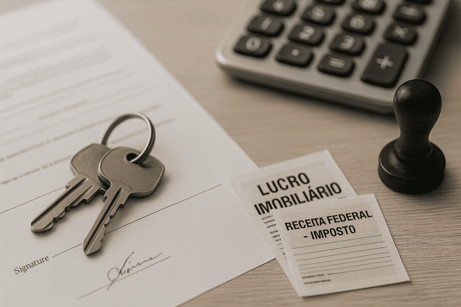 Foto realista de chaves de imóvel sobre contrato e calculadora, recibos de ITBI e carimbo de cartório ao lado, tons neutros e iluminação suave de escritório, composição equilibrada com espaço negativo à direita.