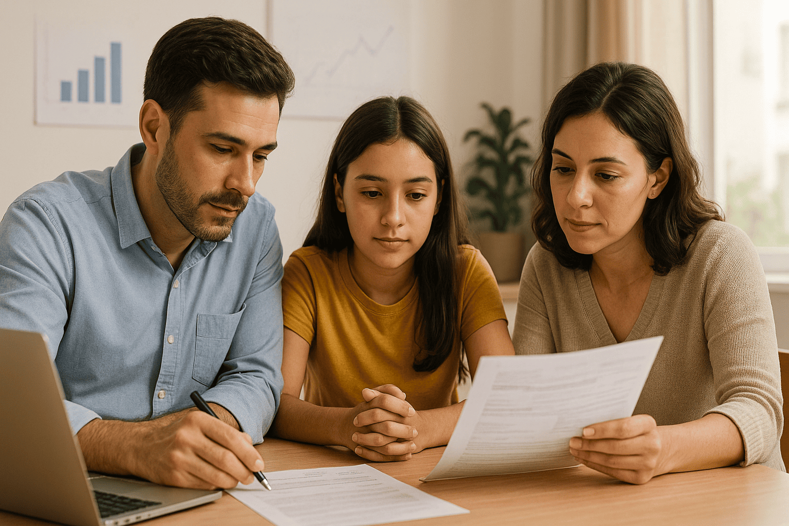 Família classe média analisando contrato de financiamento em mesa com notebook; ambiente iluminado, cores suaves, gráficos discretos ao fundo; estilo foto realista, foco em sensação de segurança e planejamento
